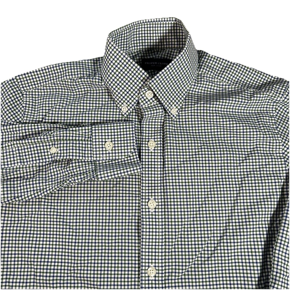 Proper Cloth Men's 15-31 Green & Blue Gingham Check Long Sleeve Button Down‎